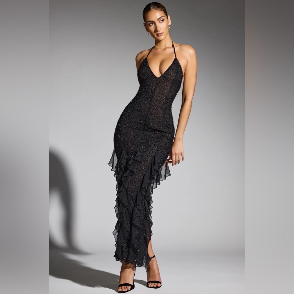 embellished halter neck ruffle maxi dress ASOS DESIGN halter neck tiered embellished ruffle maxi dress in chocolate